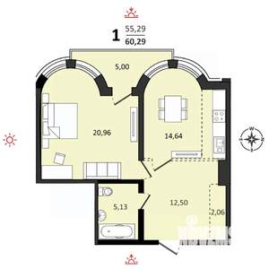 1-к квартира, строящийся дом, 60м2, 2/25 этаж