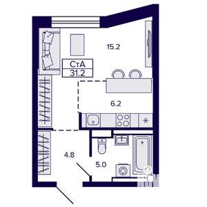 1-к квартира, строящийся дом, 31м2, 19/22 этаж