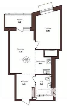 1-к квартира, строящийся дом, 43м2, 18/23 этаж