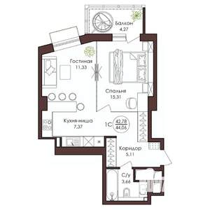 1-к квартира, вторичка, 44м2, 17/23 этаж