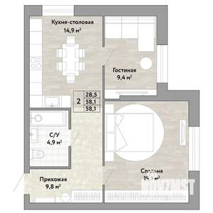 2-к квартира, строящийся дом, 58м2, 1/22 этаж