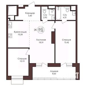 2-к квартира, вторичка, 71м2, 15/23 этаж