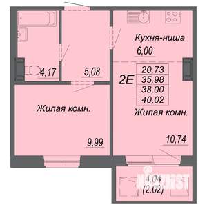 2-к квартира, строящийся дом, 38м2, 9/10 этаж