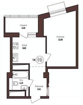 1-к квартира, строящийся дом, 31м2, 20/23 этаж