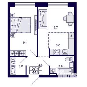 2-к квартира, строящийся дом, 45м2, 2/22 этаж