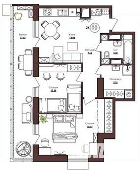 2-к квартира, строящийся дом, 70м2, 9/23 этаж