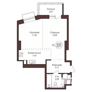 1-к квартира, вторичка, 44м2, 16/23 этаж