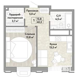 1-к квартира, строящийся дом, 41м2, 15/21 этаж