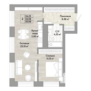 2-к квартира, вторичка, 51м2, 21/22 этаж