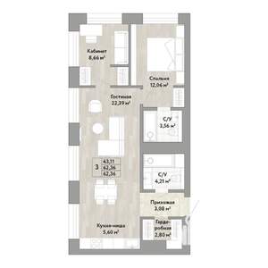 3-к квартира, вторичка, 62м2, 8/22 этаж