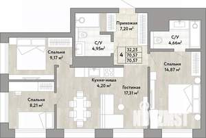 4-к квартира, вторичка, 71м2, 2/22 этаж