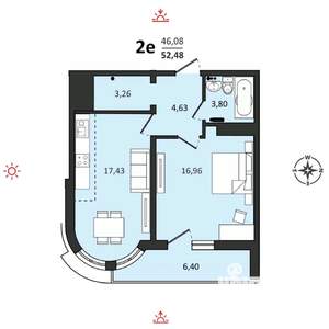 2-к квартира, вторичка, 52м2, 24/25 этаж
