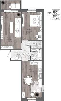 2-к квартира, вторичка, 59м2, 2/10 этаж