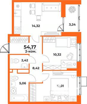 2-к квартира, вторичка, 54м2, 6/10 этаж