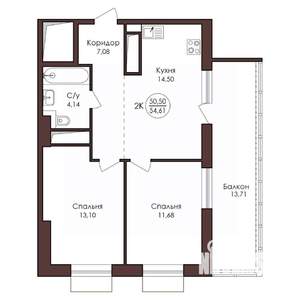 2-к квартира, вторичка, 55м2, 17/23 этаж