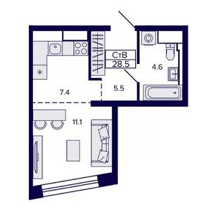 1-к квартира, строящийся дом, 28м2, 21/30 этаж