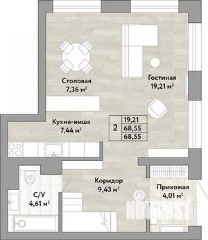 2-к квартира, вторичка, 69м2, 1/22 этаж