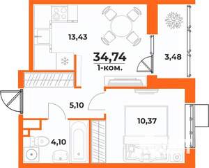 1-к квартира, вторичка, 35м2, 9/10 этаж