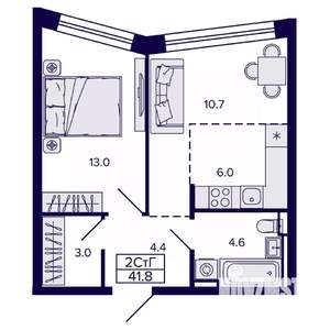 2-к квартира, строящийся дом, 42м2, 14/22 этаж