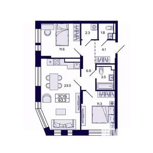 3-к квартира, строящийся дом, 63м2, 24/30 этаж