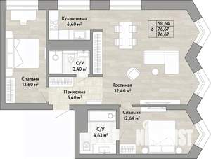 3-к квартира, вторичка, 77м2, 21/22 этаж