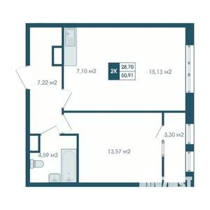 2-к квартира, строящийся дом, 51м2, 12/15 этаж