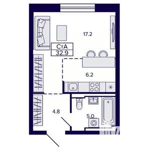 Студия квартира, строящийся дом, 33м2, 2/22 этаж