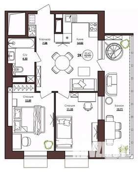 2-к квартира, вторичка, 55м2, 10/23 этаж