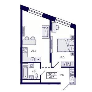 2-к квартира, строящийся дом, 47м2, 21/30 этаж