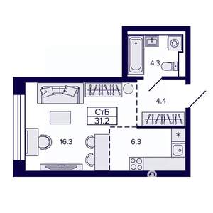 Студия квартира, строящийся дом, 31м2, 21/30 этаж