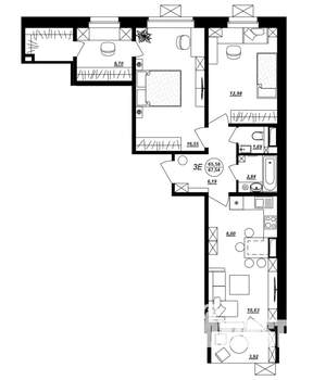 3-к квартира, строящийся дом, 68м2, 4/10 этаж