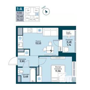 1-к квартира, вторичка, 34м2, 13/19 этаж