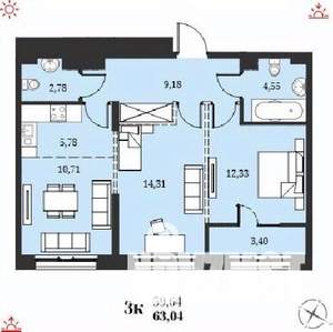 3-к квартира, строящийся дом, 63м2, 13/19 этаж