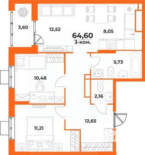 3-к квартира, вторичка, 65м2, 10/10 этаж