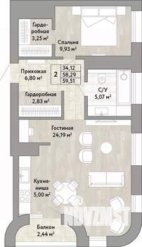 2-к квартира, вторичка, 58м2, 19/22 этаж
