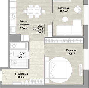 2-к квартира, вторичка, 65м2, 12/22 этаж