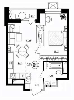 2-к квартира, строящийся дом, 45м2, 2/17 этаж