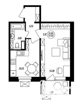 1-к квартира, строящийся дом, 38м2, 5/10 этаж