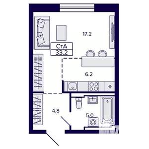 Студия квартира, строящийся дом, 33м2, 4/22 этаж