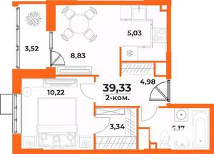 2-к квартира, вторичка, 39м2, 2/10 этаж