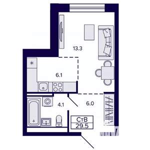 Студия квартира, строящийся дом, 30м2, 14/22 этаж