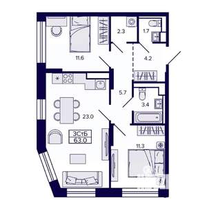 3-к квартира, вторичка, 63м2, 22/30 этаж