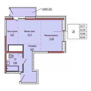 2-к квартира, строящийся дом, 44м2, 22/25 этаж