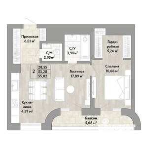 2-к квартира, строящийся дом, 53м2, 18/22 этаж