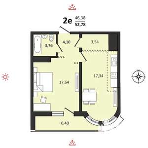 2-к квартира, строящийся дом, 53м2, 19/25 этаж