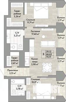 3-к квартира, вторичка, 67м2, 18/22 этаж