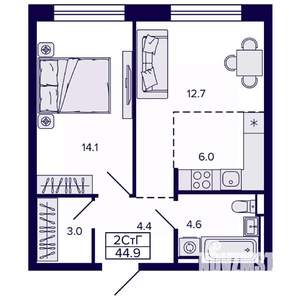 2-к квартира, строящийся дом, 45м2, 9/22 этаж