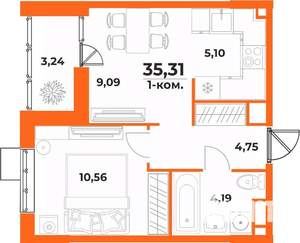 2-к квартира, вторичка, 35м2, 2/10 этаж