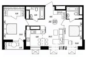3-к квартира, строящийся дом, 63м2, 1/17 этаж