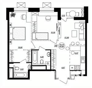 3-к квартира, строящийся дом, 66м2, 13/17 этаж
